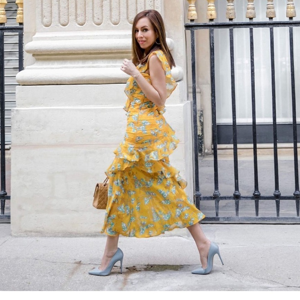 Three Floor Yellow Floral Ruffle Dress Midi Maxi Party Summer Spring Easter 0